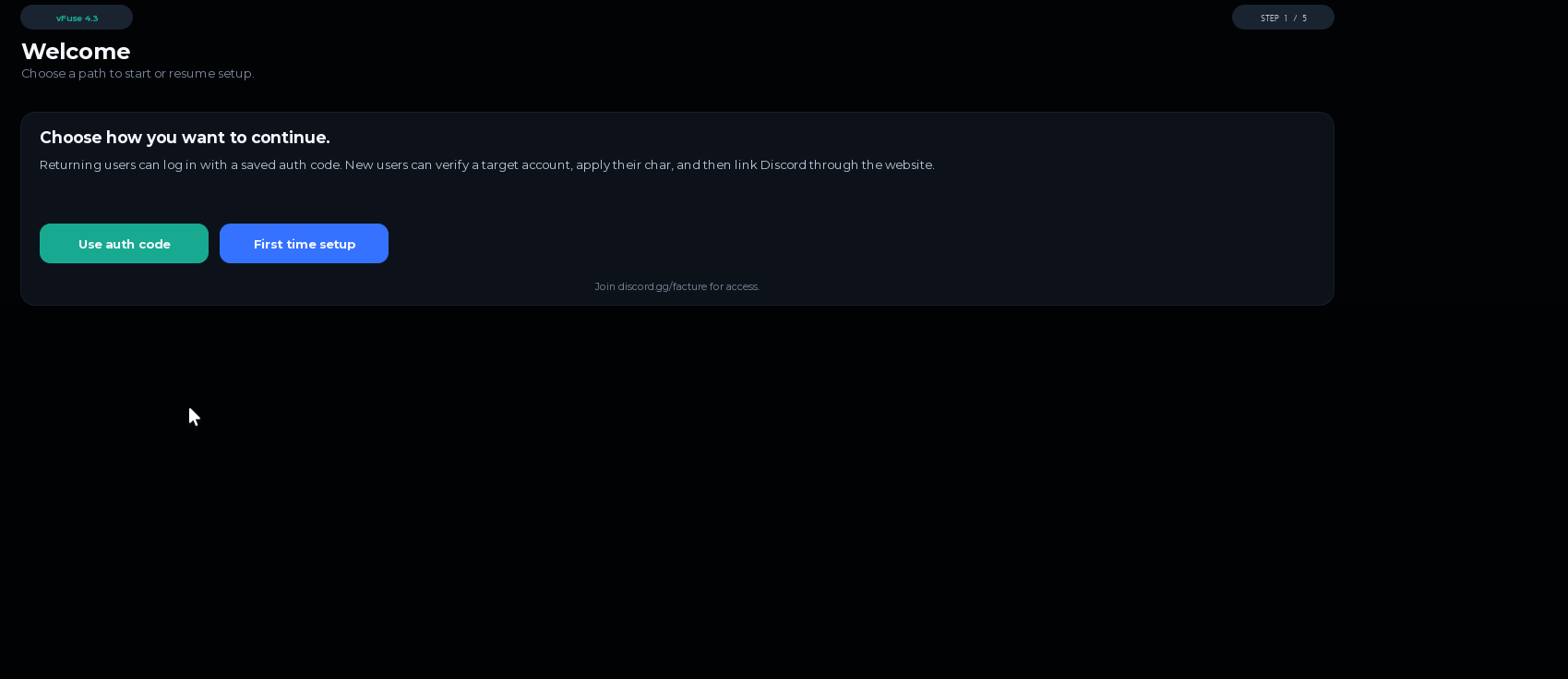 Vfuse welcome menu with the First time setup option