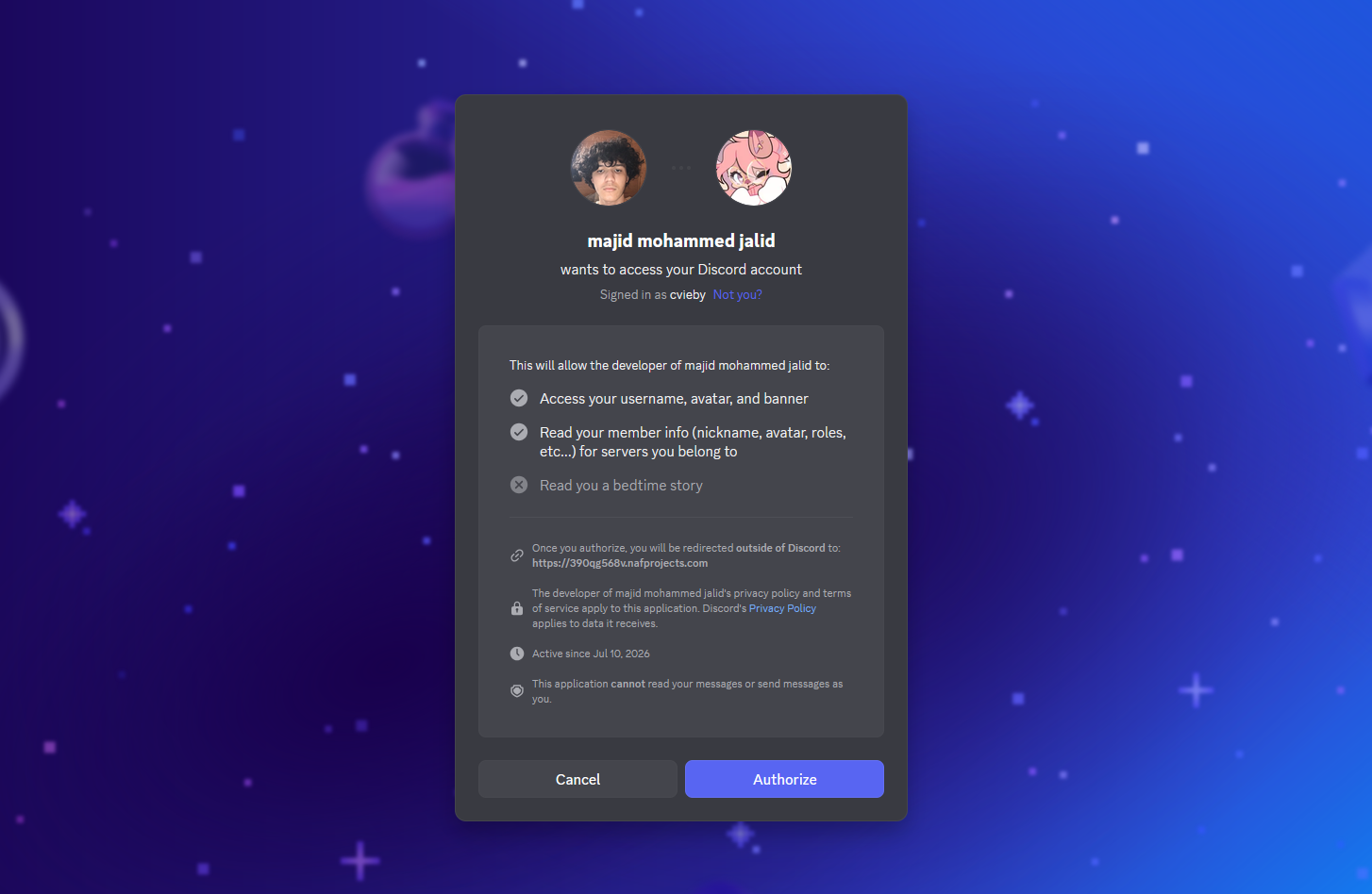 Discord authorization screen for the Vfuse bot